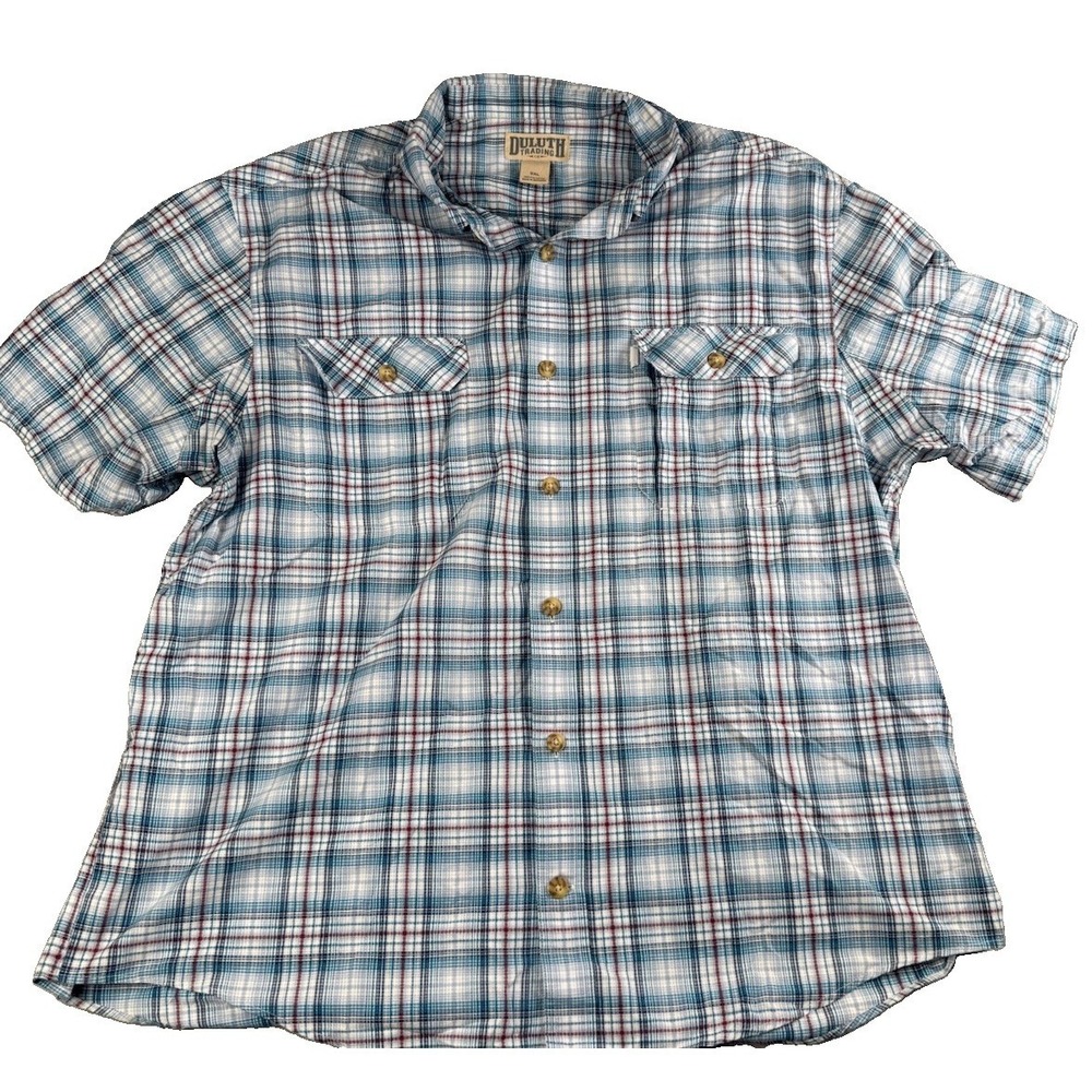 Duluth Trading Co Men's 2XL Blue Plaid Short Sleeve Button Front Shirt Work
